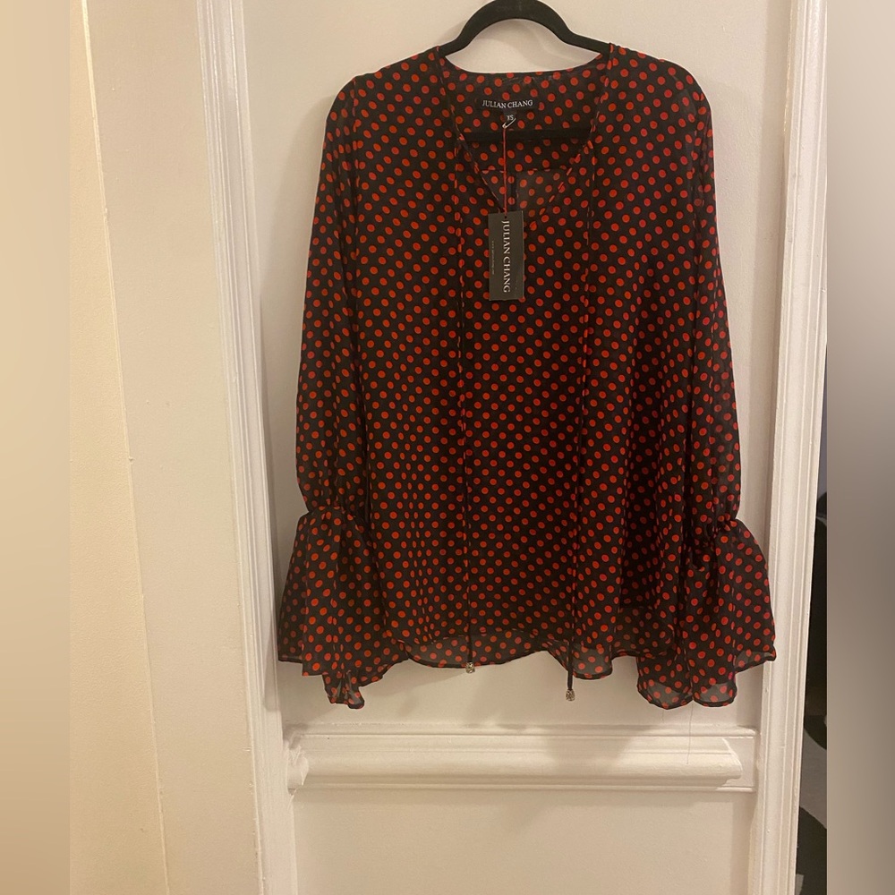 Julian Chang Polka Dot Ruffle-Sleeve Blouse in Black and Red